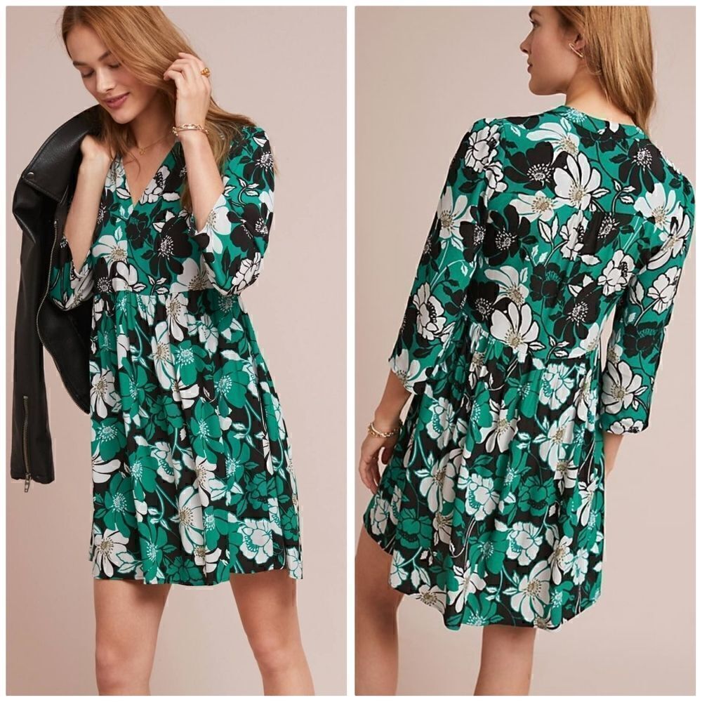Anthropologie Dress Maeve Green Floral Juno 3/4 Sleeve Black White Size XS